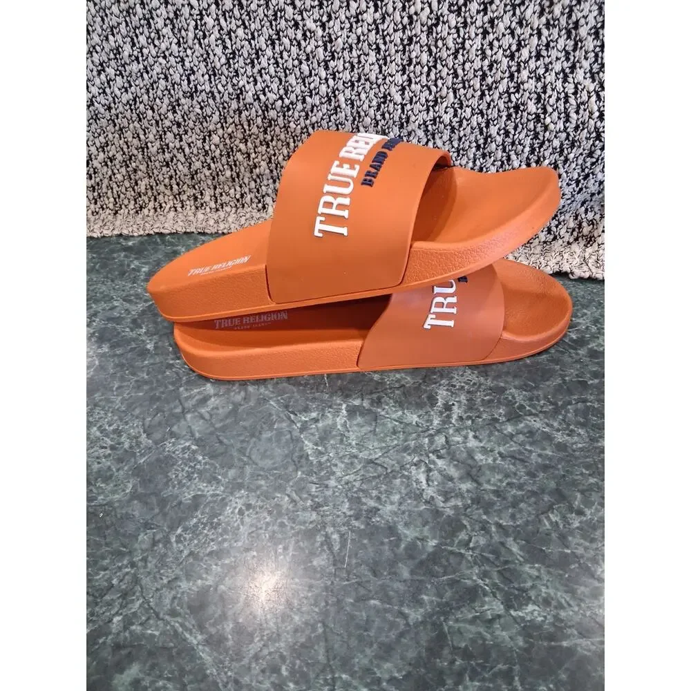 True Religion TR Weezy Slides Mens Size 10 Orange White Slip On Sandals NWT